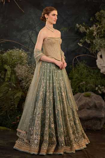 Cedar & Pine_Blue Organza, Tulle Embroidery, Sequins, Mirrors Bandeau Ursula Lehenga Set _Online_at_Aza_Fashions
