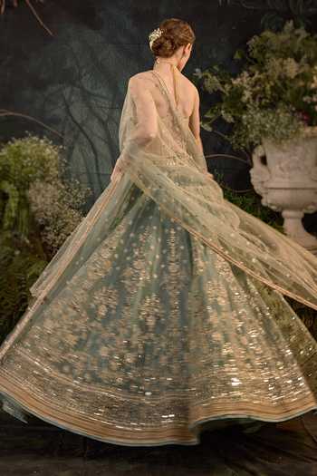 Shop_Cedar & Pine_Blue Organza, Tulle Embroidery, Sequins, Mirrors Bandeau Ursula Lehenga Set _Online_at_Aza_Fashions