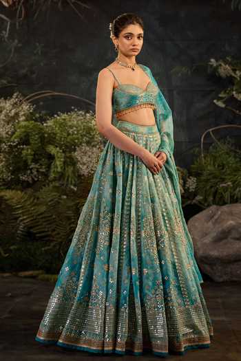 Cedar & Pine_Grey Organza, Brocade Sweetheart Neck Celeste Embroidered Lehenga Set _Online_at_Aza_Fashions