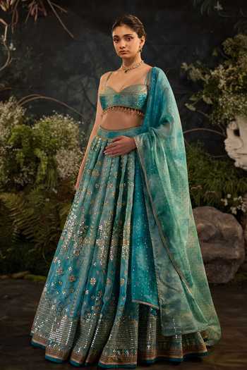 Buy_Cedar & Pine_Grey Organza, Brocade Sweetheart Neck Celeste Embroidered Lehenga Set _Online_at_Aza_Fashions