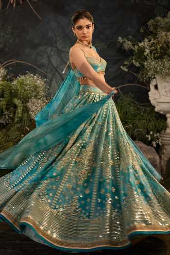Shop_Cedar & Pine_Grey Organza, Brocade Sweetheart Neck Celeste Embroidered Lehenga Set _Online_at_Aza_Fashions