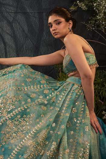 Cedar & Pine_Grey Organza, Brocade Sweetheart Neck Celeste Embroidered Lehenga Set _at_Aza_Fashions