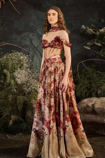 Buy_Cedar & Pine_Red Organza, Tulle Fabric Flowers Sweetheart Neck, Noel Floral Print Skirt Set _Online_at_Aza_Fashions