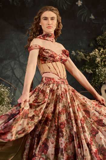 Shop_Cedar & Pine_Red Organza, Tulle Fabric Flowers Sweetheart Neck, Noel Floral Print Skirt Set _Online_at_Aza_Fashions