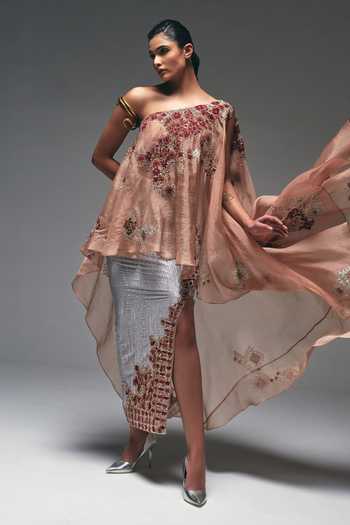 Buy_Nidhi Kejriwal_Peach Cotton, Organza, Satin, Net, Tissue One Embroidered Cape And Skirt Set _at_Aza_Fashions
