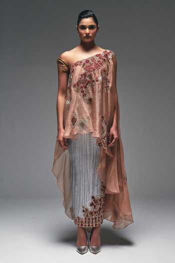 Nidhi Kejriwal_Peach Cotton, Organza, Satin, Net, Tissue One Embroidered Cape And Skirt Set _Online_at_Aza_Fashions