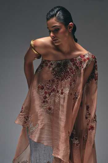 Buy_Nidhi Kejriwal_Peach Cotton, Organza, Satin, Net, Tissue One Embroidered Cape And Skirt Set _Online_at_Aza_Fashions