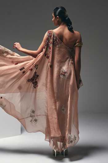 Shop_Nidhi Kejriwal_Peach Cotton, Organza, Satin, Net, Tissue One Embroidered Cape And Skirt Set _at_Aza_Fashions