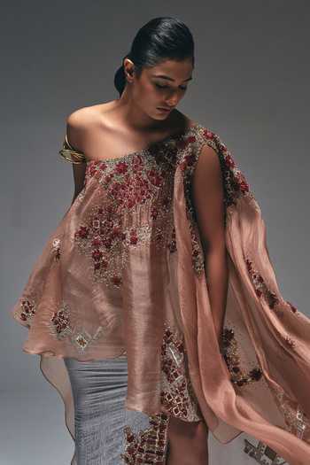 Shop_Nidhi Kejriwal_Peach Cotton, Organza, Satin, Net, Tissue One Embroidered Cape And Skirt Set _Online_at_Aza_Fashions