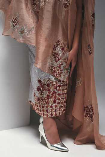 Nidhi Kejriwal_Peach Cotton, Organza, Satin, Net, Tissue One Embroidered Cape And Skirt Set _at_Aza_Fashions
