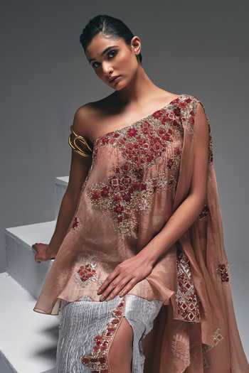 Buy_Nidhi Kejriwal_Peach Cotton, Organza, Satin, Net, Tissue One Embroidered Cape And Skirt Set 