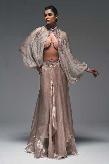 Buy_Nidhi Kejriwal_Beige Cotton, Net, Tissue High , Plunge Curtain Draped Skirt And Cape Set _at_Aza_Fashions