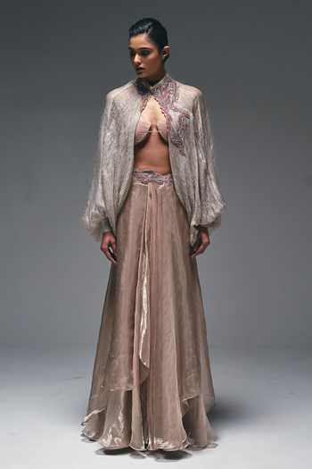 Nidhi Kejriwal_Beige Cotton, Net, Tissue High , Plunge Curtain Draped Skirt And Cape Set _Online_at_Aza_Fashions