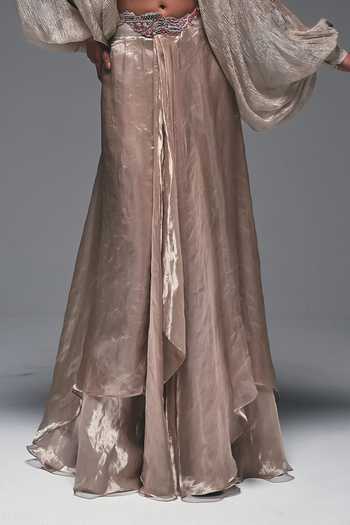 Buy_Nidhi Kejriwal_Beige Cotton, Net, Tissue High , Plunge Curtain Draped Skirt And Cape Set _Online_at_Aza_Fashions