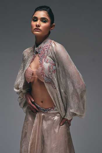 Shop_Nidhi Kejriwal_Beige Cotton, Net, Tissue High , Plunge Curtain Draped Skirt And Cape Set _Online_at_Aza_Fashions