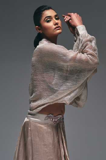 Nidhi Kejriwal_Beige Cotton, Net, Tissue High , Plunge Curtain Draped Skirt And Cape Set _at_Aza_Fashions