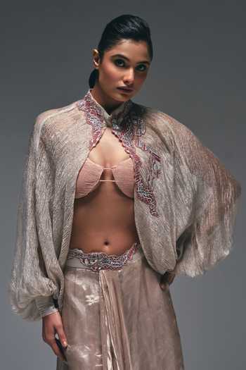 Buy_Nidhi Kejriwal_Beige Cotton, Net, Tissue High , Plunge Curtain Draped Skirt And Cape Set 