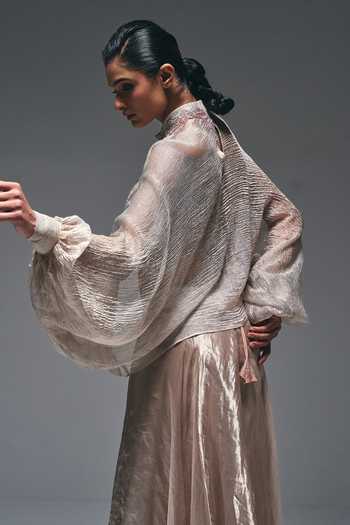 Shop_Nidhi Kejriwal_Beige Cotton, Net, Tissue High , Plunge Curtain Draped Skirt And Cape Set 
