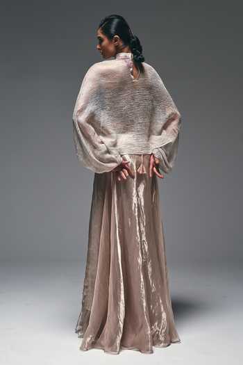 Shop_Nidhi Kejriwal_Beige Cotton, Net, Tissue High , Plunge Curtain Draped Skirt And Cape Set _at_Aza_Fashions