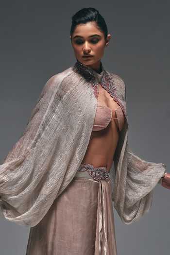 Nidhi Kejriwal_Beige Cotton, Net, Tissue High , Plunge Curtain Draped Skirt And Cape Set _Online