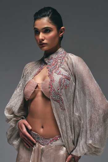 Buy_Nidhi Kejriwal_Beige Cotton, Net, Tissue High , Plunge Curtain Draped Skirt And Cape Set _Online
