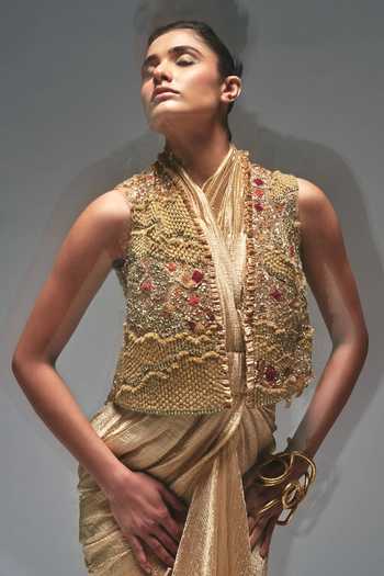 Nidhi Kejriwal_Gold Cotton, Net, Tissue Sequins, Draped Saree Dress With Embroidered Jacket _Online_at_Aza_Fashions