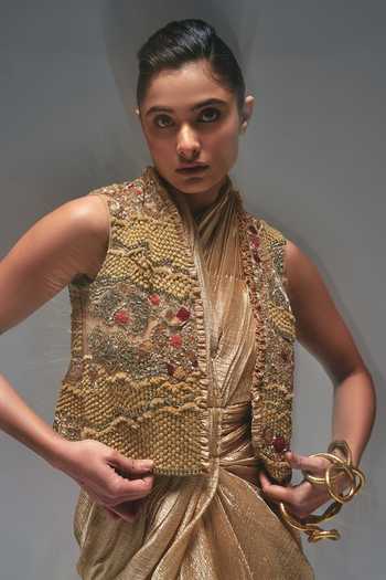 Buy_Nidhi Kejriwal_Gold Cotton, Net, Tissue Sequins, Draped Saree Dress With Embroidered Jacket _Online_at_Aza_Fashions