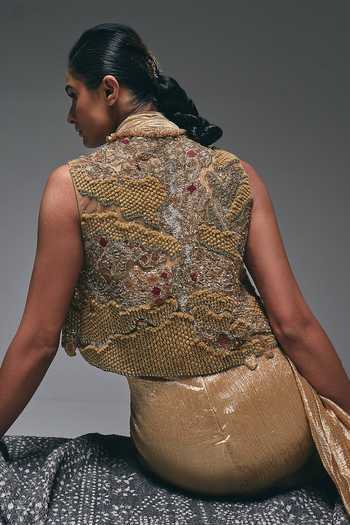 Shop_Nidhi Kejriwal_Gold Cotton, Net, Tissue Sequins, Draped Saree Dress With Embroidered Jacket _at_Aza_Fashions