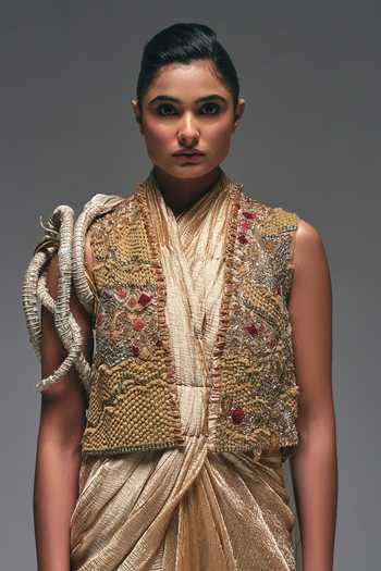 Shop_Nidhi Kejriwal_Gold Cotton, Net, Tissue Sequins, Draped Saree Dress With Embroidered Jacket _Online_at_Aza_Fashions