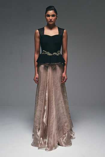 Buy_Nidhi Kejriwal_Black Crepe, Tissue Sweetheart Neck Embroidered Peplum Top And Draped Skirt Set _at_Aza_Fashions