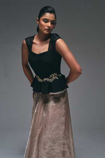 Nidhi Kejriwal_Black Crepe, Tissue Sweetheart Neck Embroidered Peplum Top And Draped Skirt Set _Online_at_Aza_Fashions