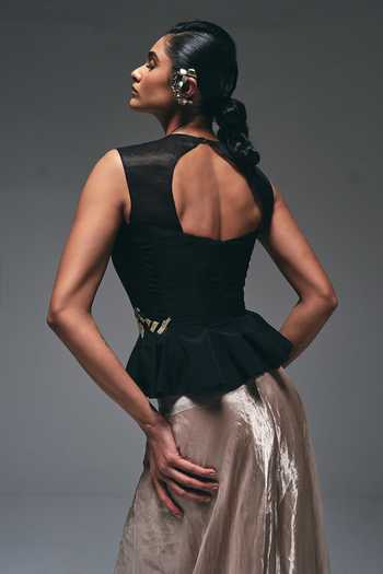 Shop_Nidhi Kejriwal_Black Crepe, Tissue Sweetheart Neck Embroidered Peplum Top And Draped Skirt Set _at_Aza_Fashions
