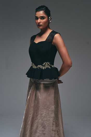 Buy_Nidhi Kejriwal_Black Crepe, Tissue Sweetheart Neck Embroidered Peplum Top And Draped Skirt Set _Online_at_Aza_Fashions