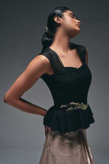 Shop_Nidhi Kejriwal_Black Crepe, Tissue Sweetheart Neck Embroidered Peplum Top And Draped Skirt Set _Online_at_Aza_Fashions