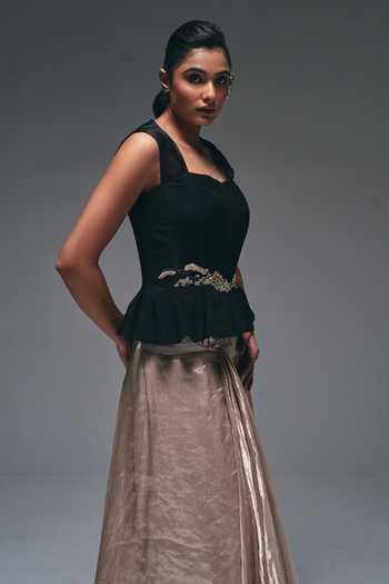 Nidhi Kejriwal_Black Crepe, Tissue Sweetheart Neck Embroidered Peplum Top And Draped Skirt Set _at_Aza_Fashions
