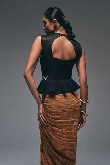 Shop_Nidhi Kejriwal_Black Crepe, Tissue Sweetheart Neck Embroidered Peplum Top And Gathered Skirt Set _at_Aza_Fashions