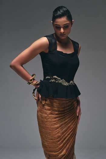 Nidhi Kejriwal_Black Crepe, Tissue Sweetheart Neck Embroidered Peplum Top And Gathered Skirt Set _Online_at_Aza_Fashions