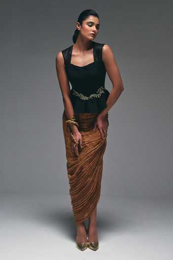 Buy_Nidhi Kejriwal_Black Crepe, Tissue Sweetheart Neck Embroidered Peplum Top And Gathered Skirt Set _at_Aza_Fashions
