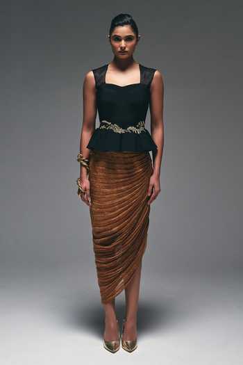 Buy_Nidhi Kejriwal_Black Crepe, Tissue Sweetheart Neck Embroidered Peplum Top And Gathered Skirt Set _Online_at_Aza_Fashions