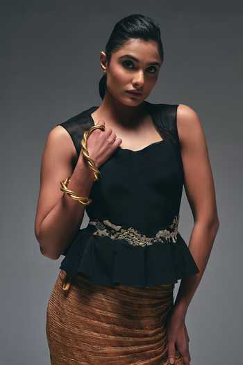 Shop_Nidhi Kejriwal_Black Crepe, Tissue Sweetheart Neck Embroidered Peplum Top And Gathered Skirt Set _Online_at_Aza_Fashions