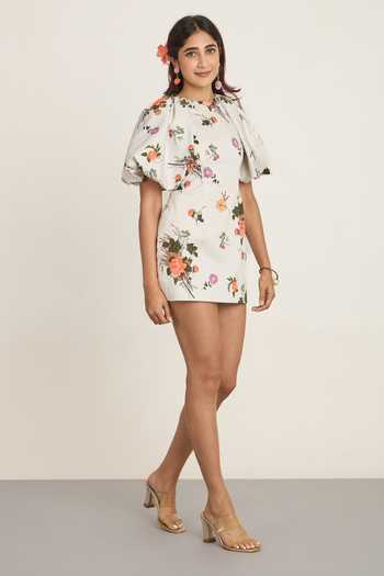 The Whole Nine Yards_White Cotton Round Neck Elara Print Dress _Online_at_Aza_Fashions