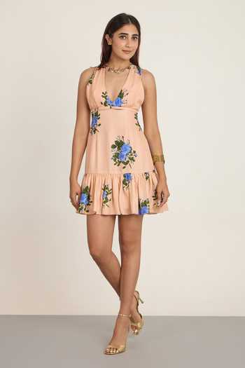 Buy_The Whole Nine Yards_Peach Silk V-, Halter Persika Floral Print Dress _at_Aza_Fashions