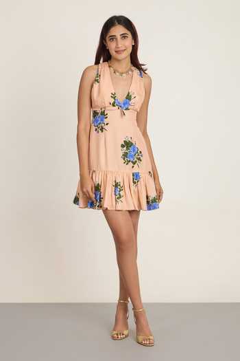The Whole Nine Yards_Peach Silk V-, Halter Persika Floral Print Dress _Online_at_Aza_Fashions