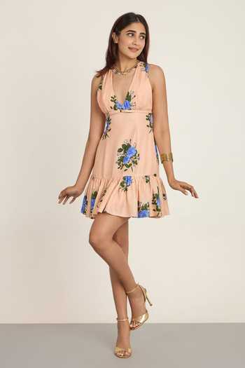 Buy_The Whole Nine Yards_Peach Silk V-, Halter Persika Floral Print Dress _Online_at_Aza_Fashions