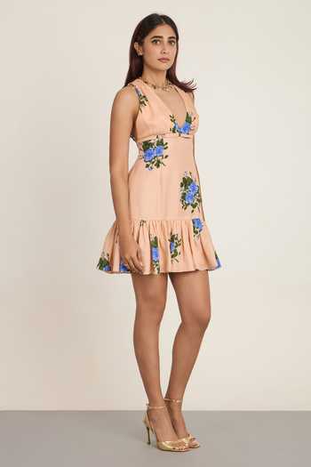 Shop_The Whole Nine Yards_Peach Silk V-, Halter Persika Floral Print Dress _Online_at_Aza_Fashions