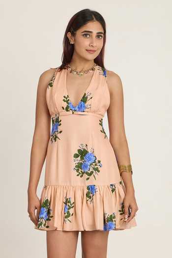 The Whole Nine Yards_Peach Silk V-, Halter Persika Floral Print Dress _at_Aza_Fashions