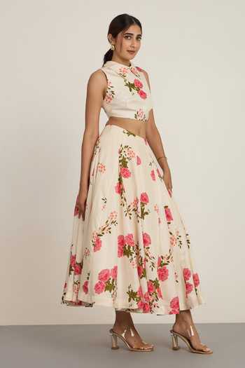 The Whole Nine Yards_Ivory Silk Collared Neck Calista Print Top And Skirt Set _Online_at_Aza_Fashions