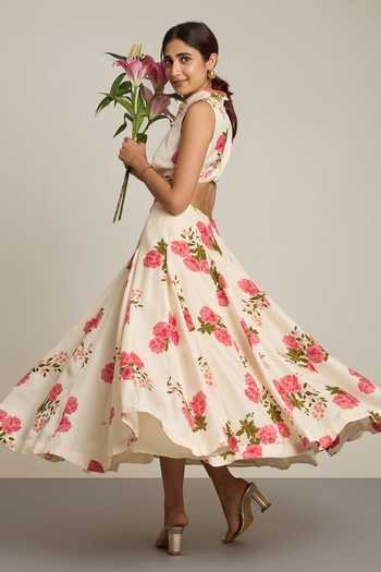 Shop_The Whole Nine Yards_Ivory Silk Collared Neck Calista Print Top And Skirt Set _at_Aza_Fashions