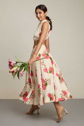 Buy_The Whole Nine Yards_Ivory Silk Collared Neck Calista Print Top And Skirt Set _Online_at_Aza_Fashions