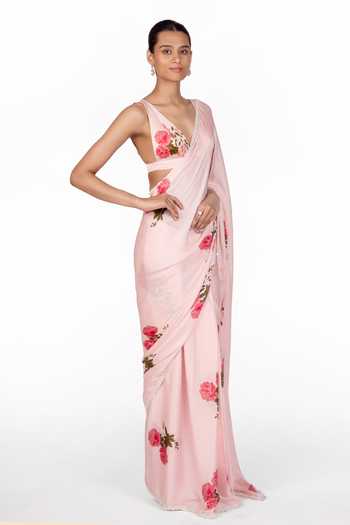 The Whole Nine Yards_Pink Silk, Satin V-neck Selene Print Saree With Blouse _Online_at_Aza_Fashions